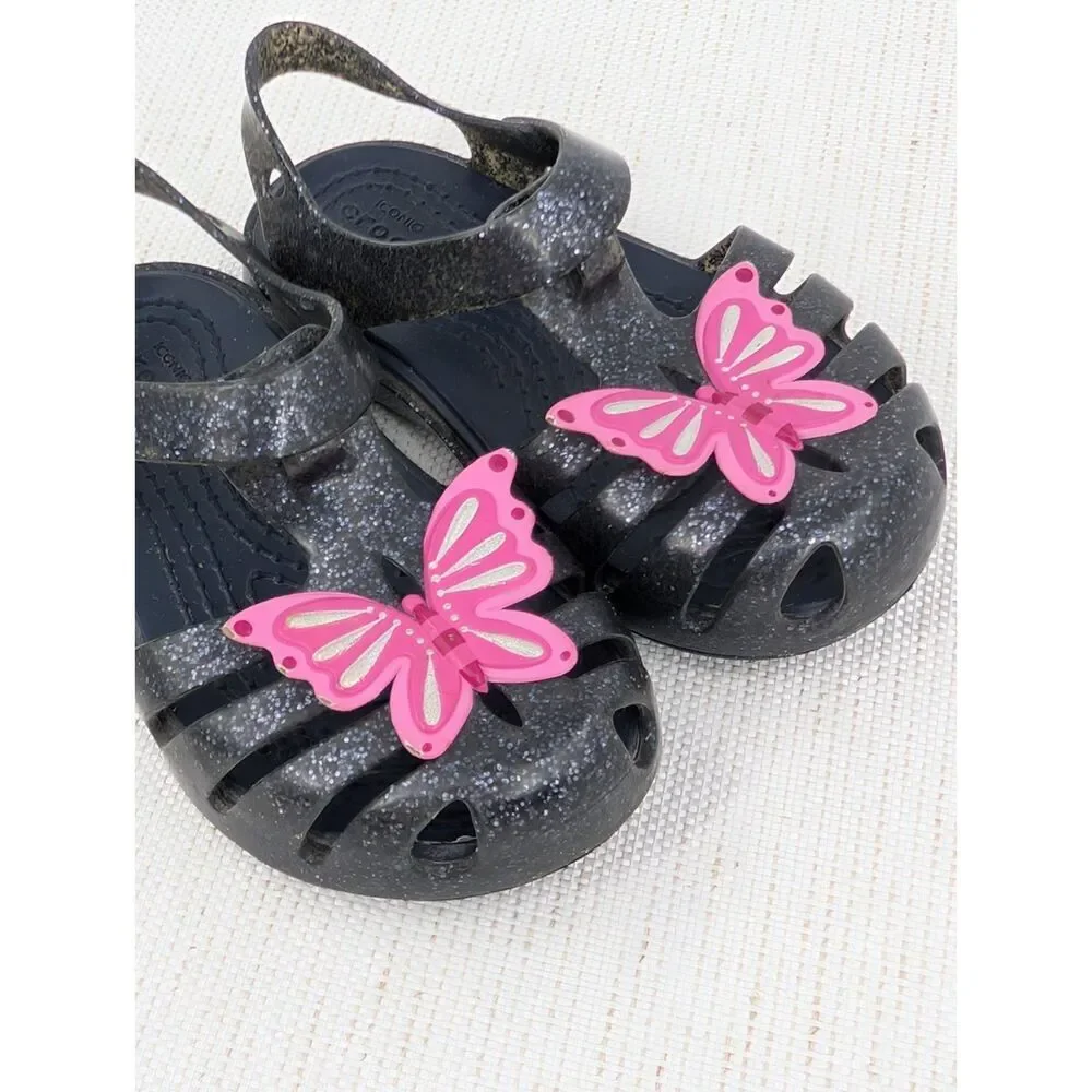 Crocs Sandals Toddler Girl C 6 Black Glitter Pink Butterfly Mary Jane
